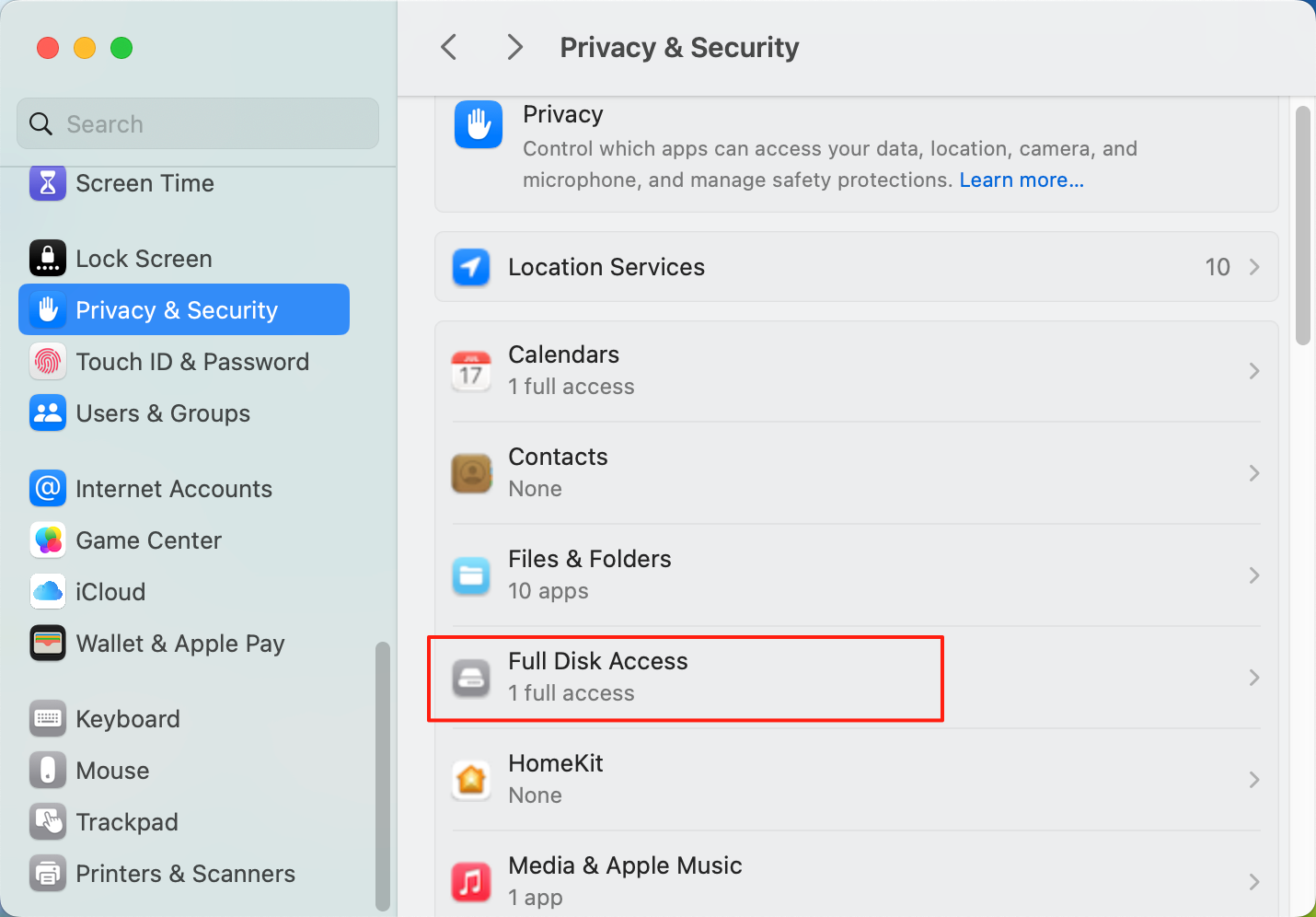 macOS Full Disk Access Settings